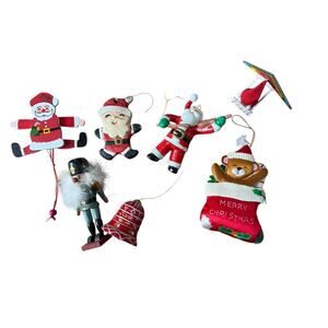 Vintage Christmas Ornament Lot Santa Figures Wood Cloth Maui ’85 Bear Stocking